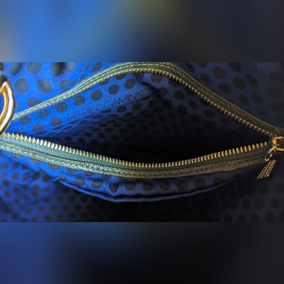 EUC Rebecca Minkoff dark green shiny soft leather interior blue/blk polka dot - Picture 9 of 14